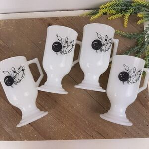Milk glass Irish Coffee Cup bowling motif Mid century